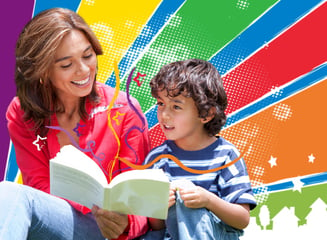 Woman reading to her son over a colorful background.jpeg